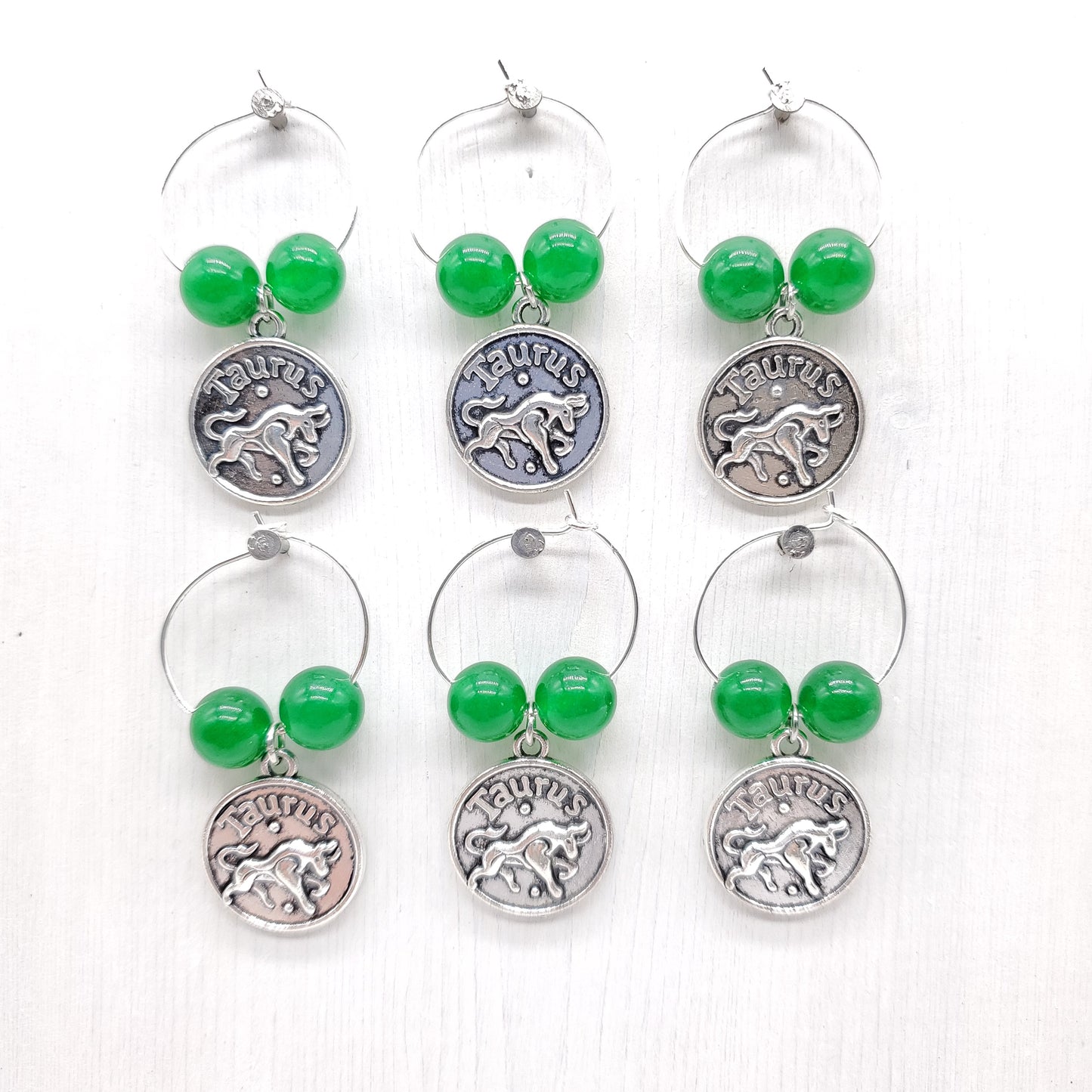 Taurus wine charm set of 6 with Emerald glass beads