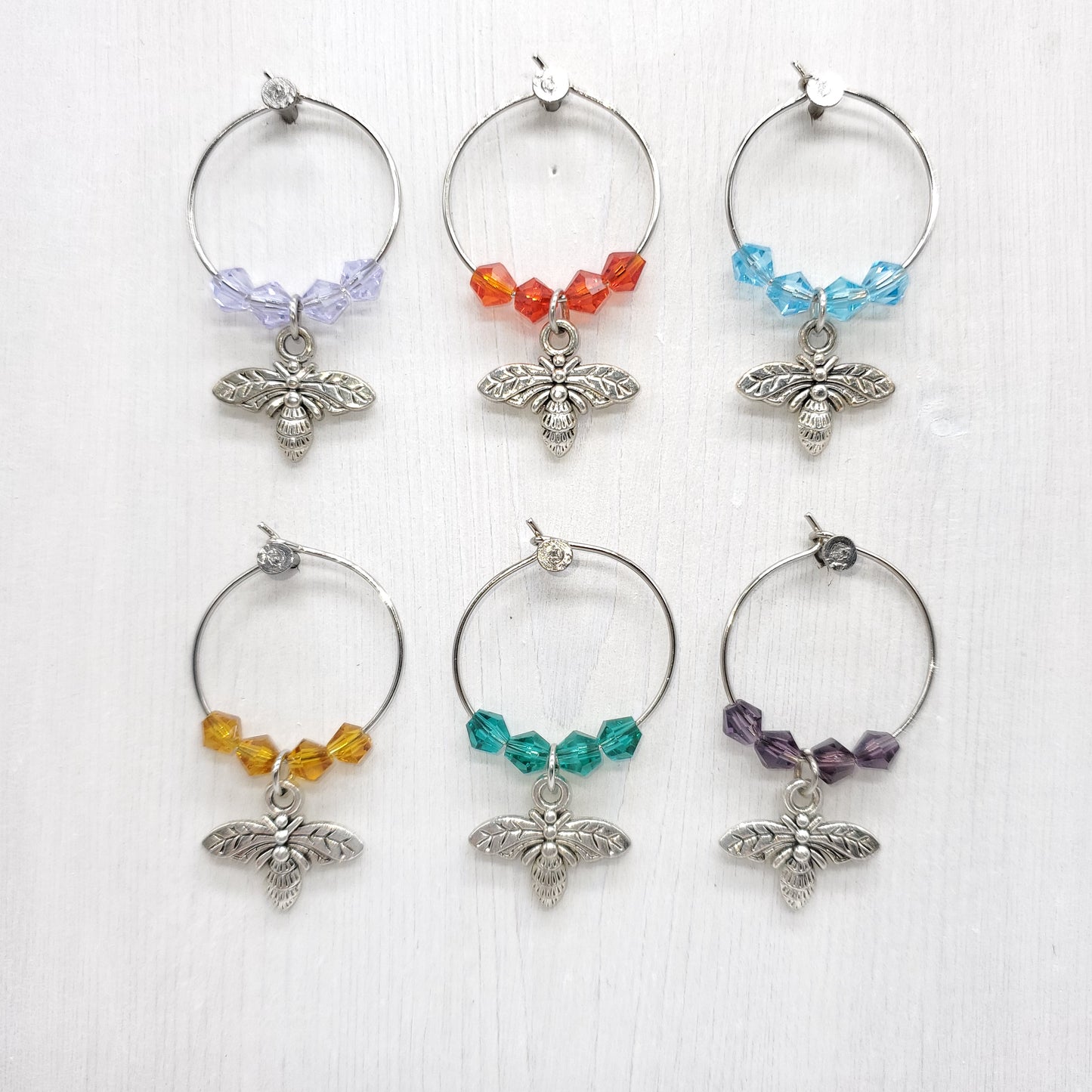set of 6 bees wine charms with crystal beads