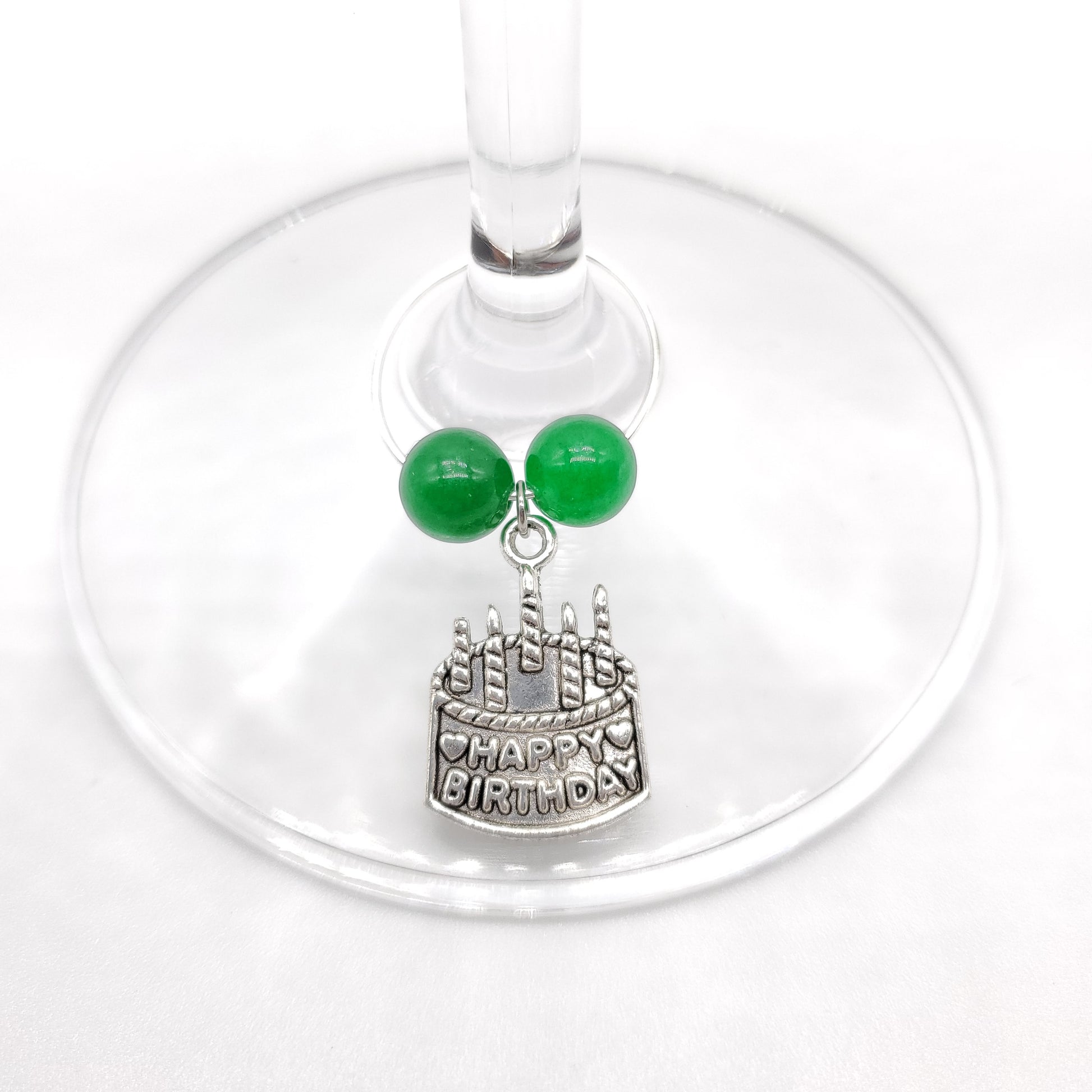 Happy Birthday Cake with Candles wine charm with emerald glass beads
