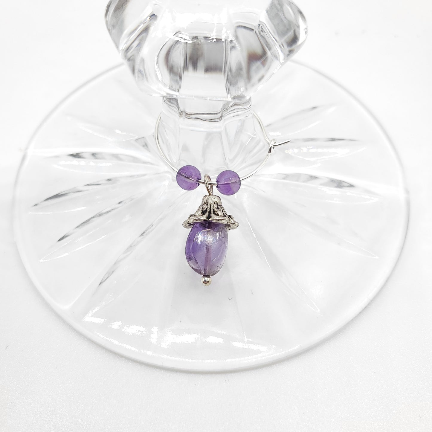 Wine charm on a glass, made with natural Amethyst beads