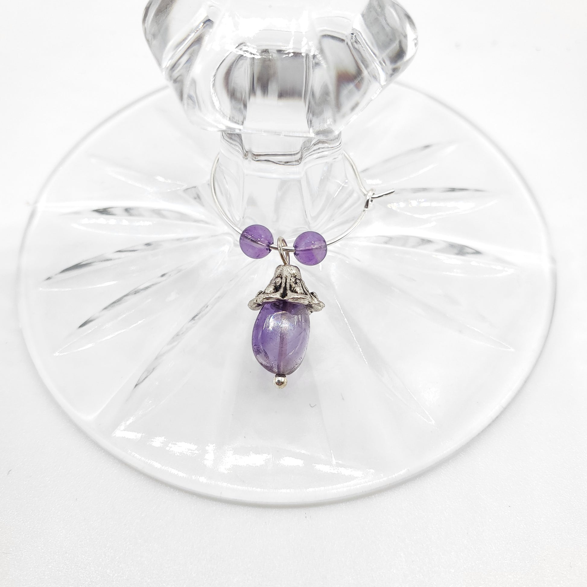 Wine charm on a glass, made with natural Amethyst beads