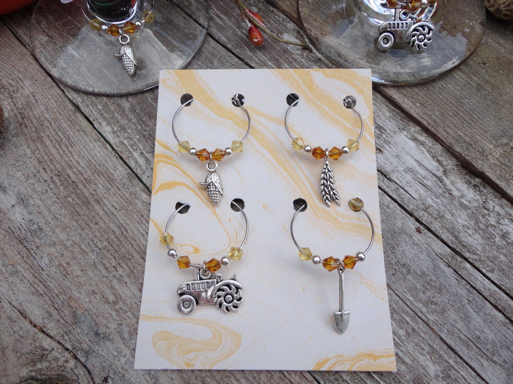 set of 4 corn wheat tractor and shovel wine charms with crystal beads