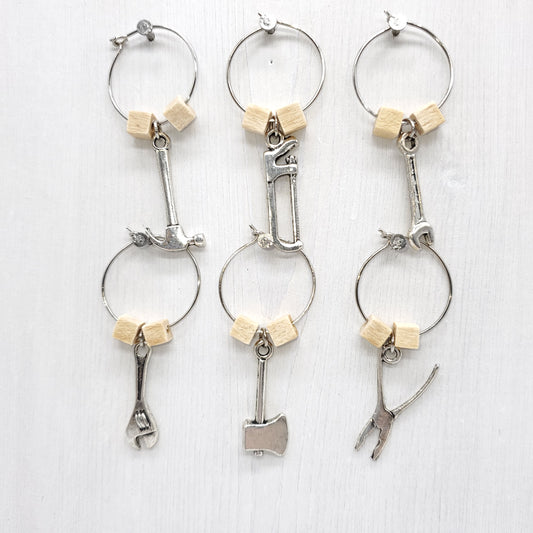 set of 4 handyman tools wine charms; hammer, hand saw, wrench, pliers, ax, combination wrench with wooden square beads