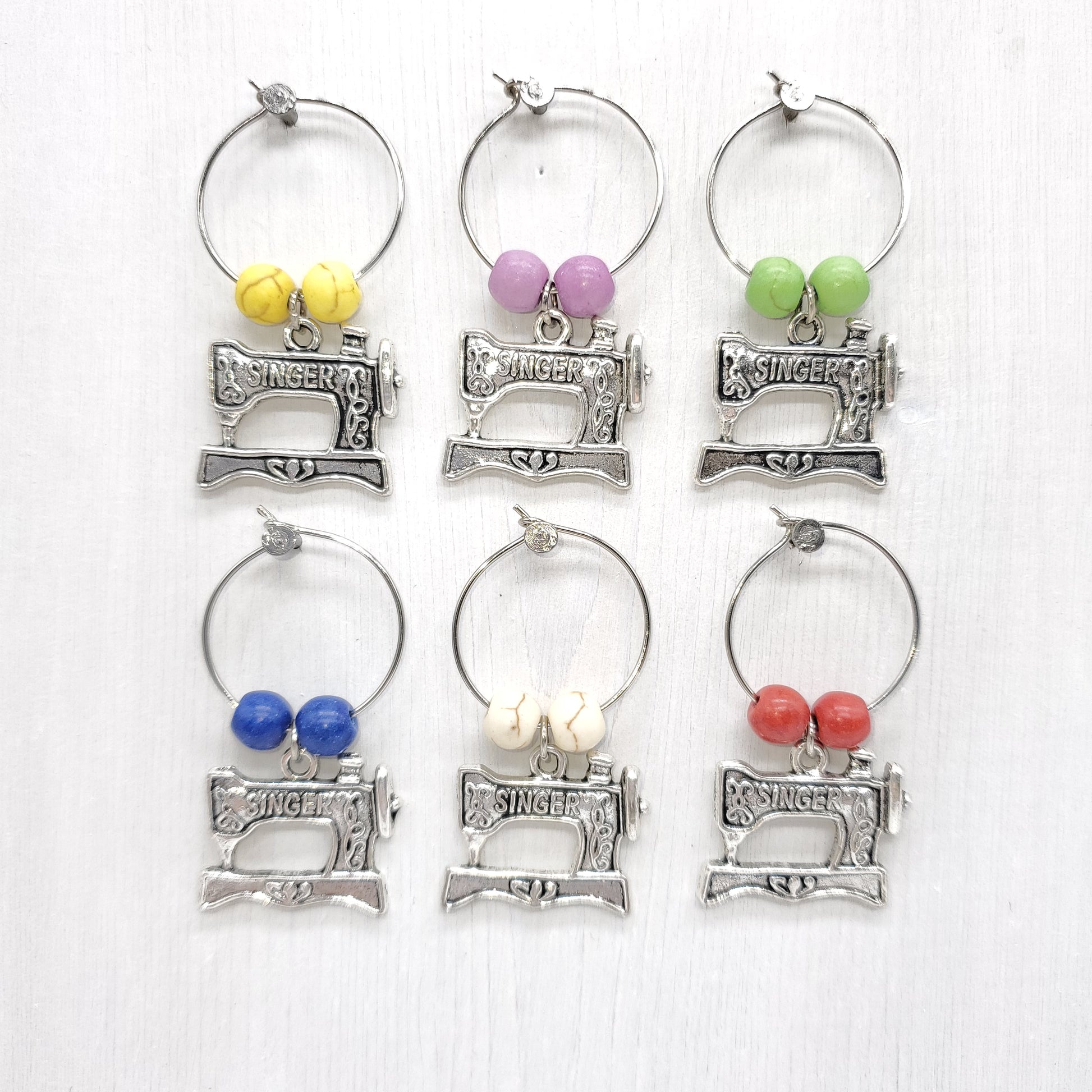 set of 6 singer sawing machine wine charms with howlite beads